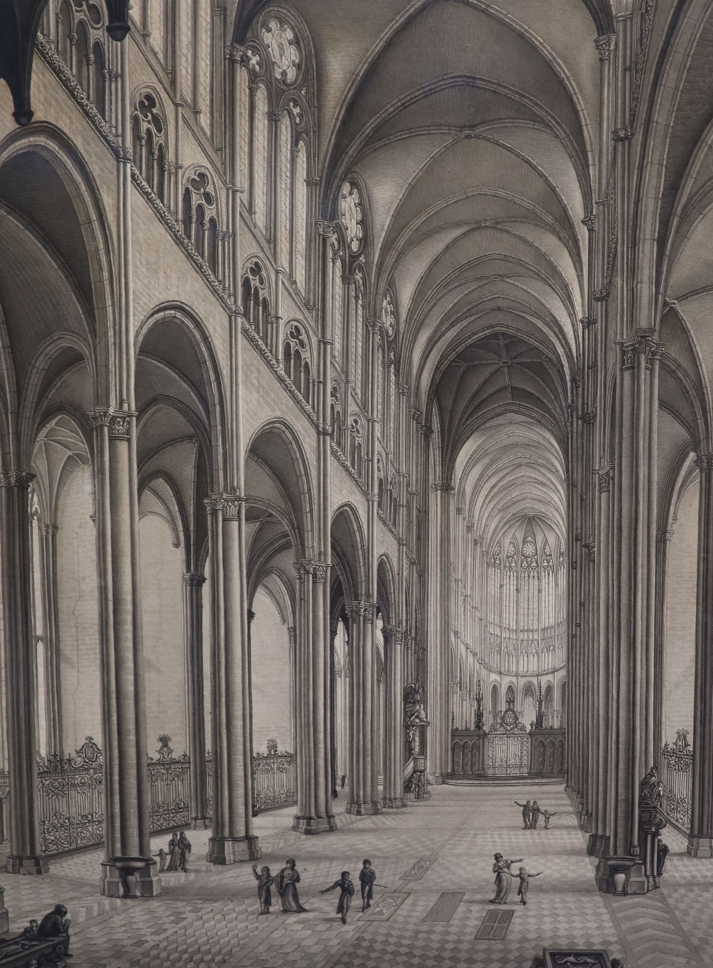 Auguste Joron (fl.c.1820), Cathedral interiors, pair of watercolours en grisaille, 44 x 33.5cm